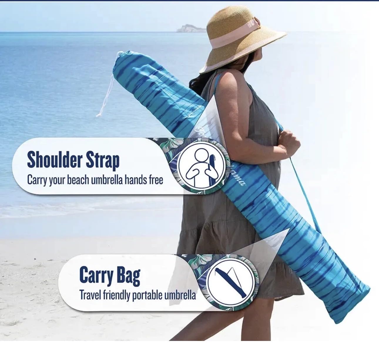 Sepras T0MMY BAHAMA 8 ft Beach Umbrella with wind vent and sand anchor (Blue Pattern)