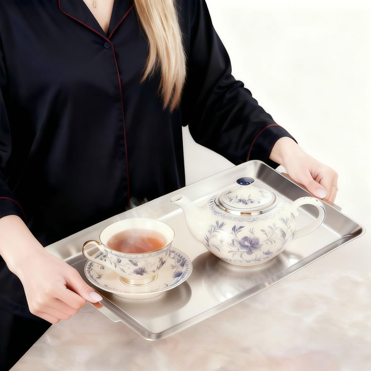 15.8" x 9.5" Large Serving Platters, Stainless Steel Heavy-Duty Large Serving Trays, Silver Rectangular Plates for Food, Fruit, Party, Wedding, Christmas, Chip and Scratch Resistant