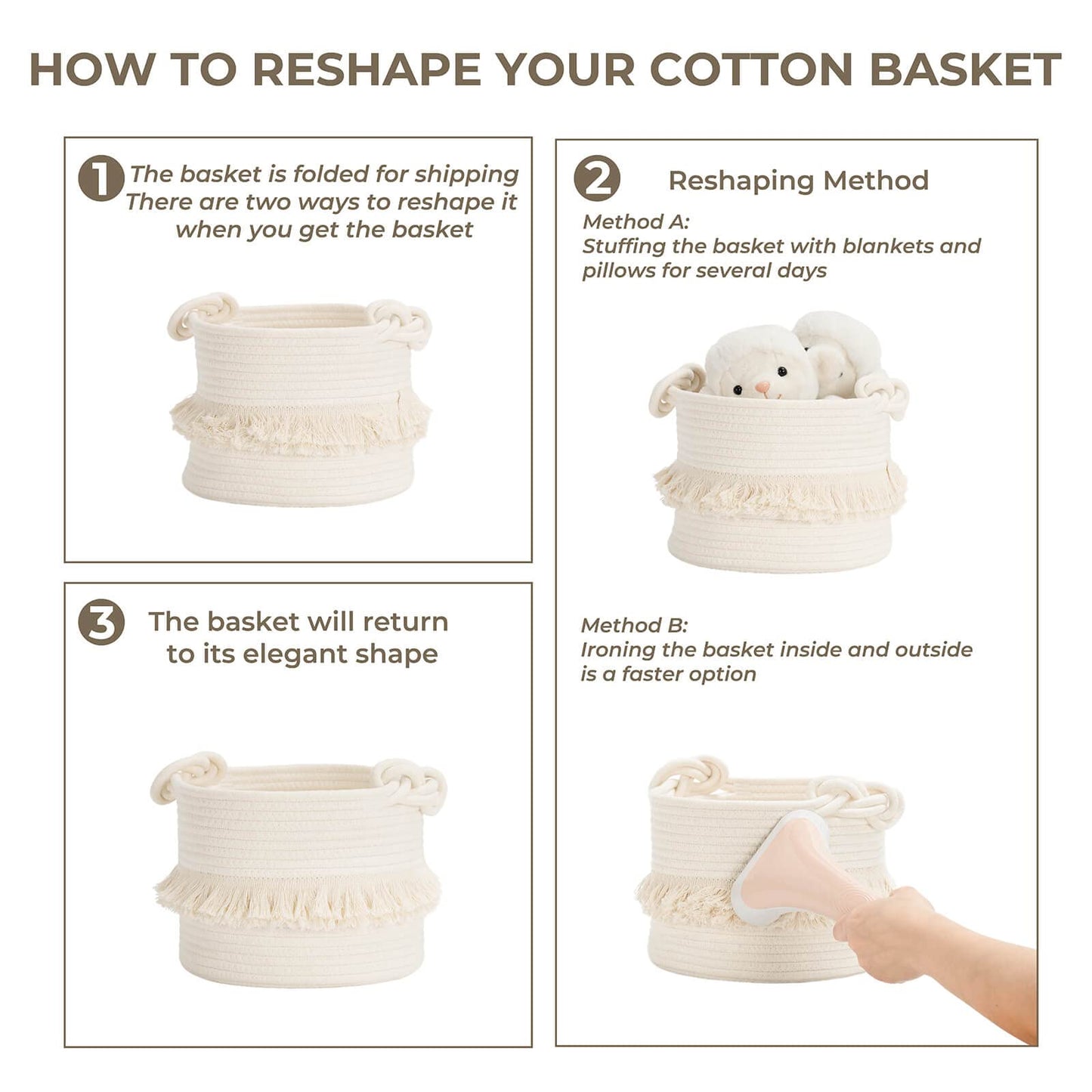 CherryNow Small Woven Storage Baskets, 9.5'' x 7'' inches Cotton Rope Decorative Hamper for Diaper, Blankets, Magazine and Keys, Cute Tassel Nursery Decor - Home Storage Container, Off-white