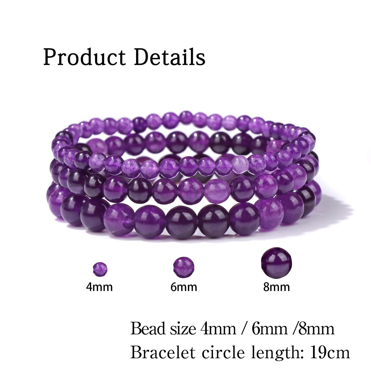 Risyfjew 3 PCS Natural Stone Beaded Stretch Bracelet 4mm 6mm 8mm Healing Crystal Bracelets Women Amethyst Jewelry Gift