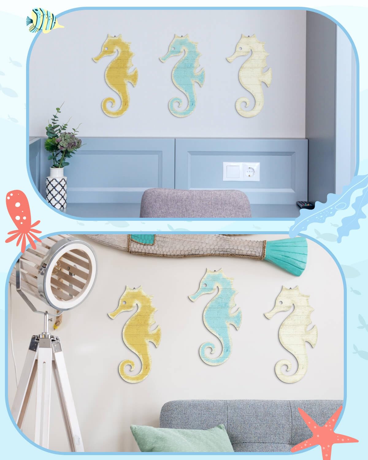 Putuo Decor 3-Piece Seahorse Wall Decor Set - Ocean Themed Wall Art for Bedroom, Living Room, Bathroom & Coastal Spaces
