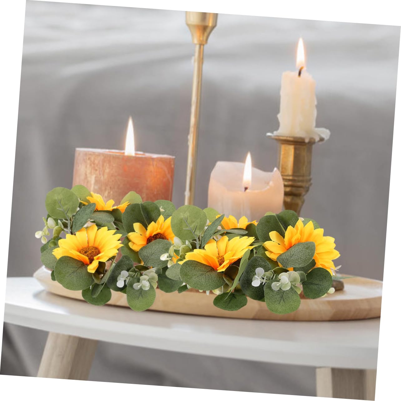 Ciieeo 2pcs Sunflower Eucalyptus Candle Wreaths for Spring Decor Lifelike Floral Centerpieces for Weddings and Home Farmhouse Style Candle Decoration