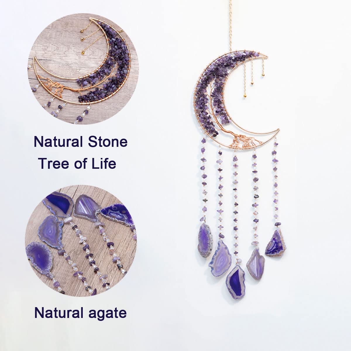 Agate Moon Dream Catchers with Crystal Purple Gemstone Dream Catchers Natural Tree of Life Gem Agate Wall Hangings Room Garden Dreamcatchers Decor (Purple)