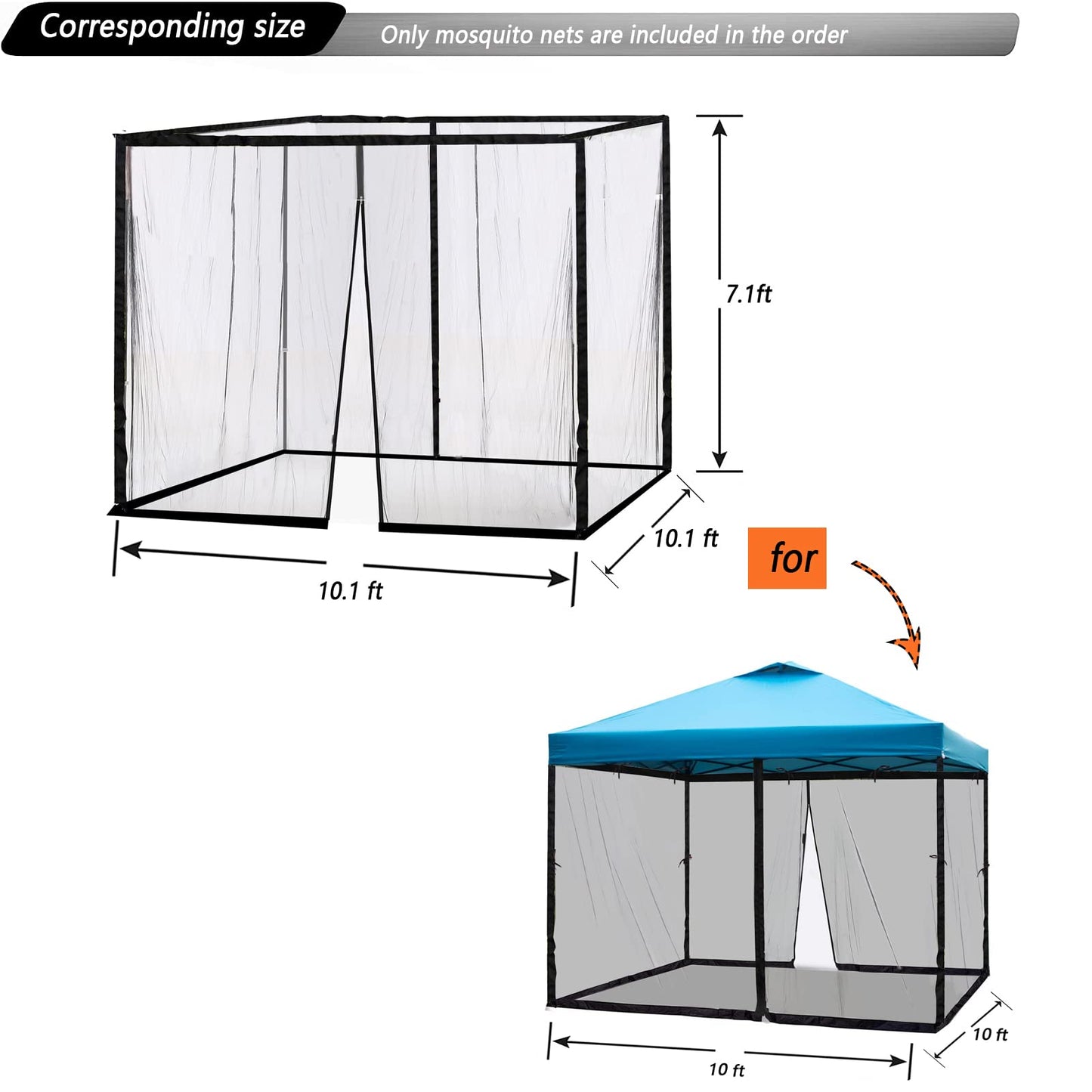10x10 Mosquito Netting for Patio Canopy Tent/Pop Up Canopy Tent,Double Door Side Screen Easy Installation Black（Only Mosquito Net No Frame） (Embedded 10x10)