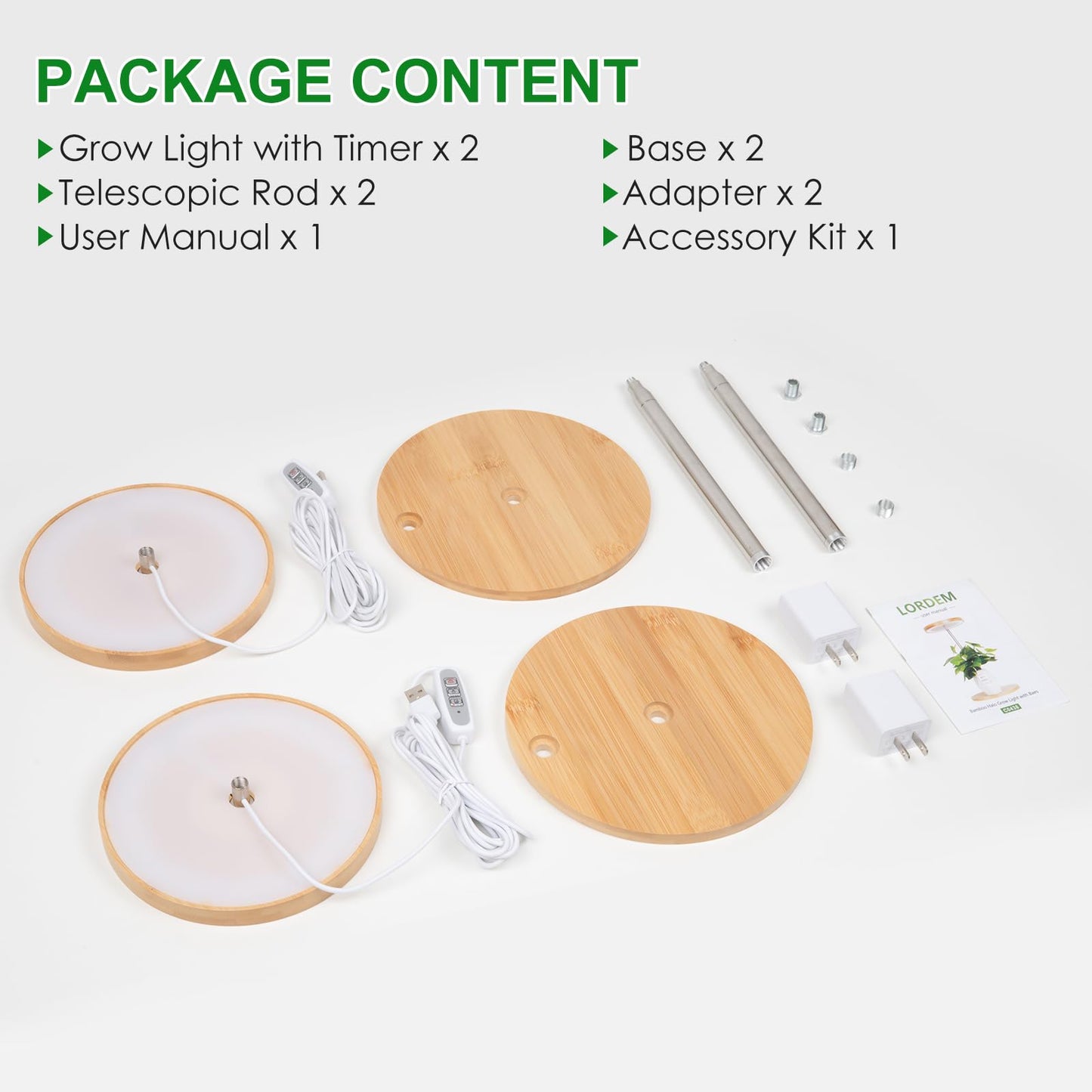 LORDEM Bamboo Grow Light, LED Plant Light for Indoor Plants Growing, Full Spectrum Bamboo Desk Growth Lamp with Automatic Timer for 4H/8H/12H, 4 Dimmable Levels, Height Adjustable, Pack of 2