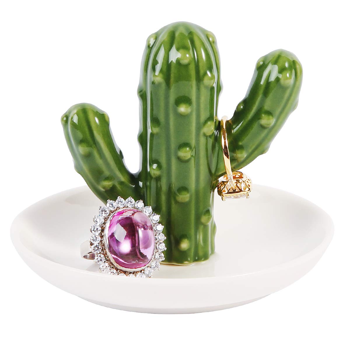 AUTODECO Ceramic Ring Holder Handmade Trinket Dish for Rings Earrings Necklace Organizer Display Great Birthday for Women Green Cactus