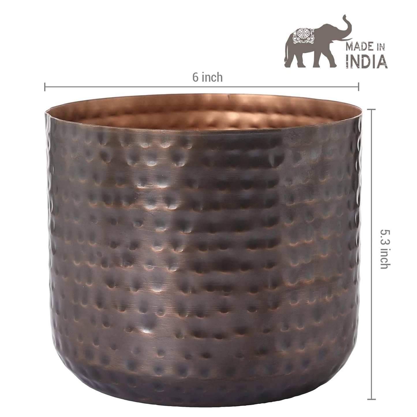MyGift 6 Inch Vintage Copper Tone Metal Vase, Flower Pot with Hammered Texture, Cylindrical Indoor Succulent Plant Container - Handcrafted in India