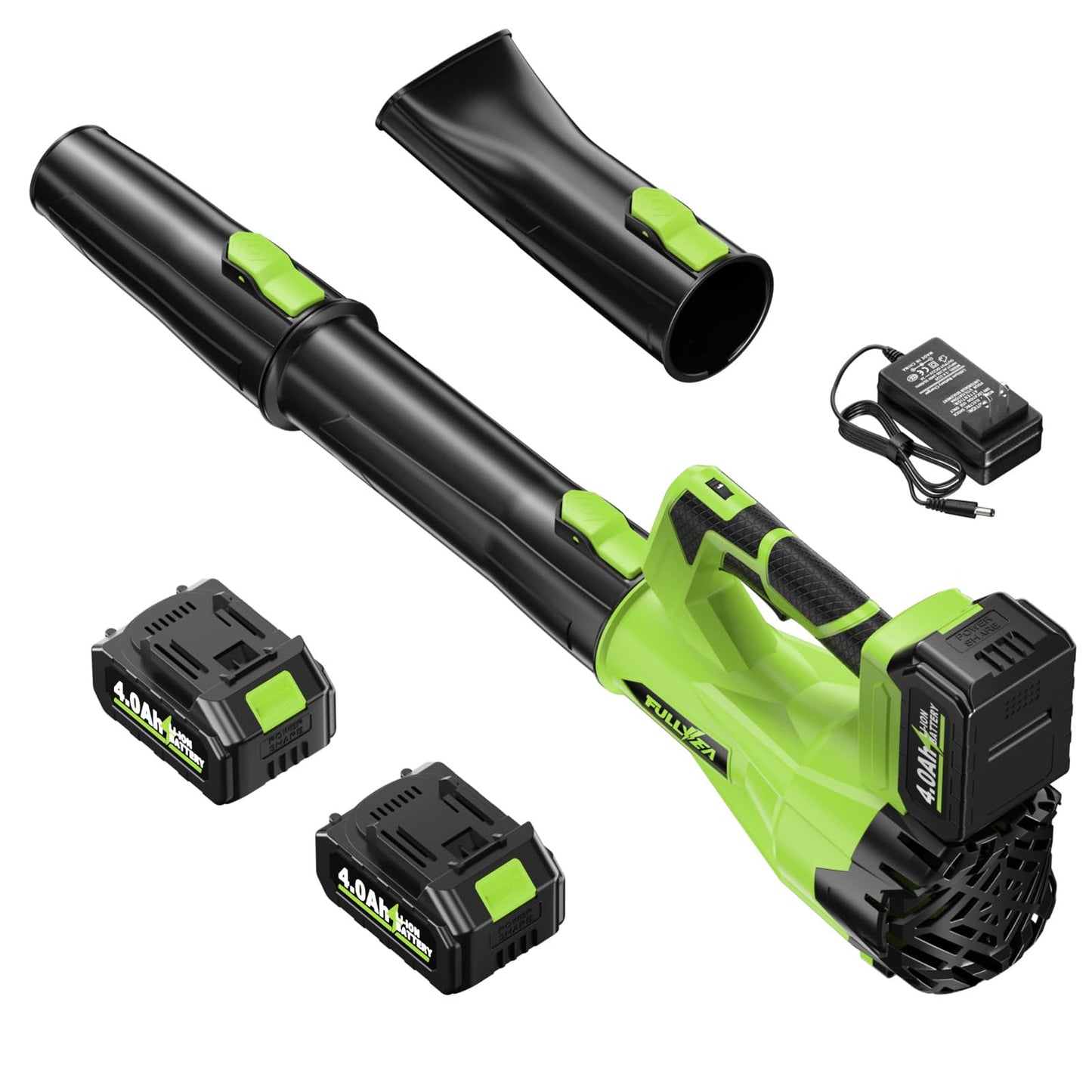 FULLYEA Leaf Blower Cordless 500CFM/150MPH, Cordless Leaf Blower with 2 x 4.0Ah Batteries & 3 Tubes, 6 Speed Modes, Electric Leaf Blowers Battery Powered for Cleaning Patio, Yard, Garage, Lawn (Green)