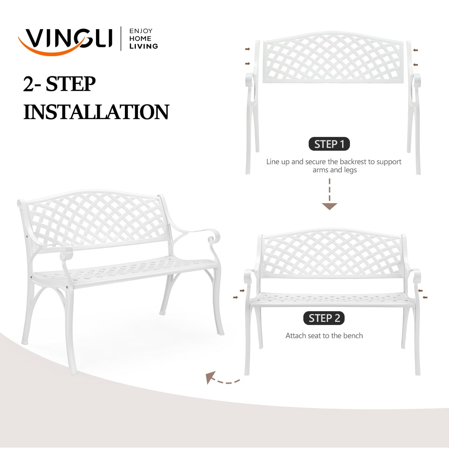 VINGLI 40.5" Patio Garden Bench,Anti- Rust Cast Iron Cast Aluminum Frame for Outdoor Path Yard Lawn Work Entryway Decor Deck (White)