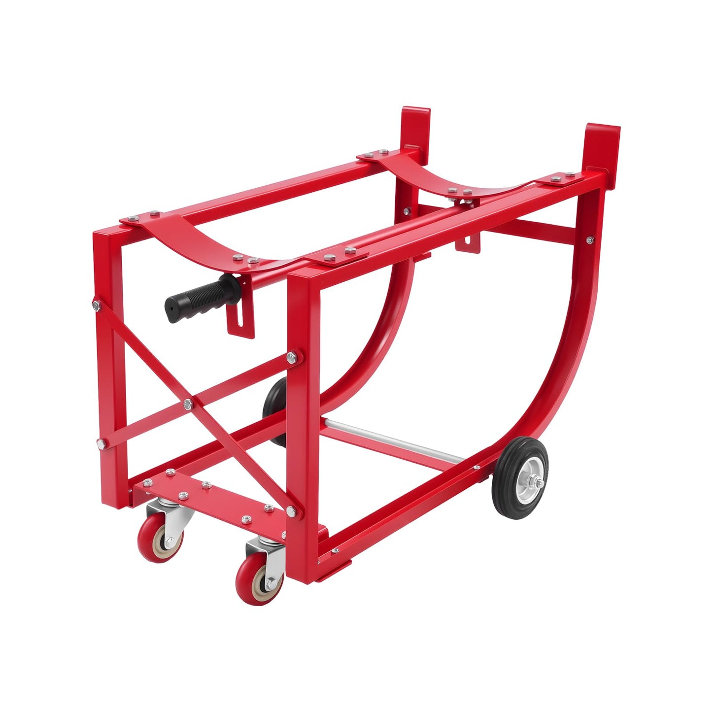 55 Gallon Drum Cradle, 600lbs Capacity Oil Drum Cart Rack with 4 Wheels and Retractable Drawbar, Steel Round Drum Handling Cradle for Workshops, Factories, Warehouses