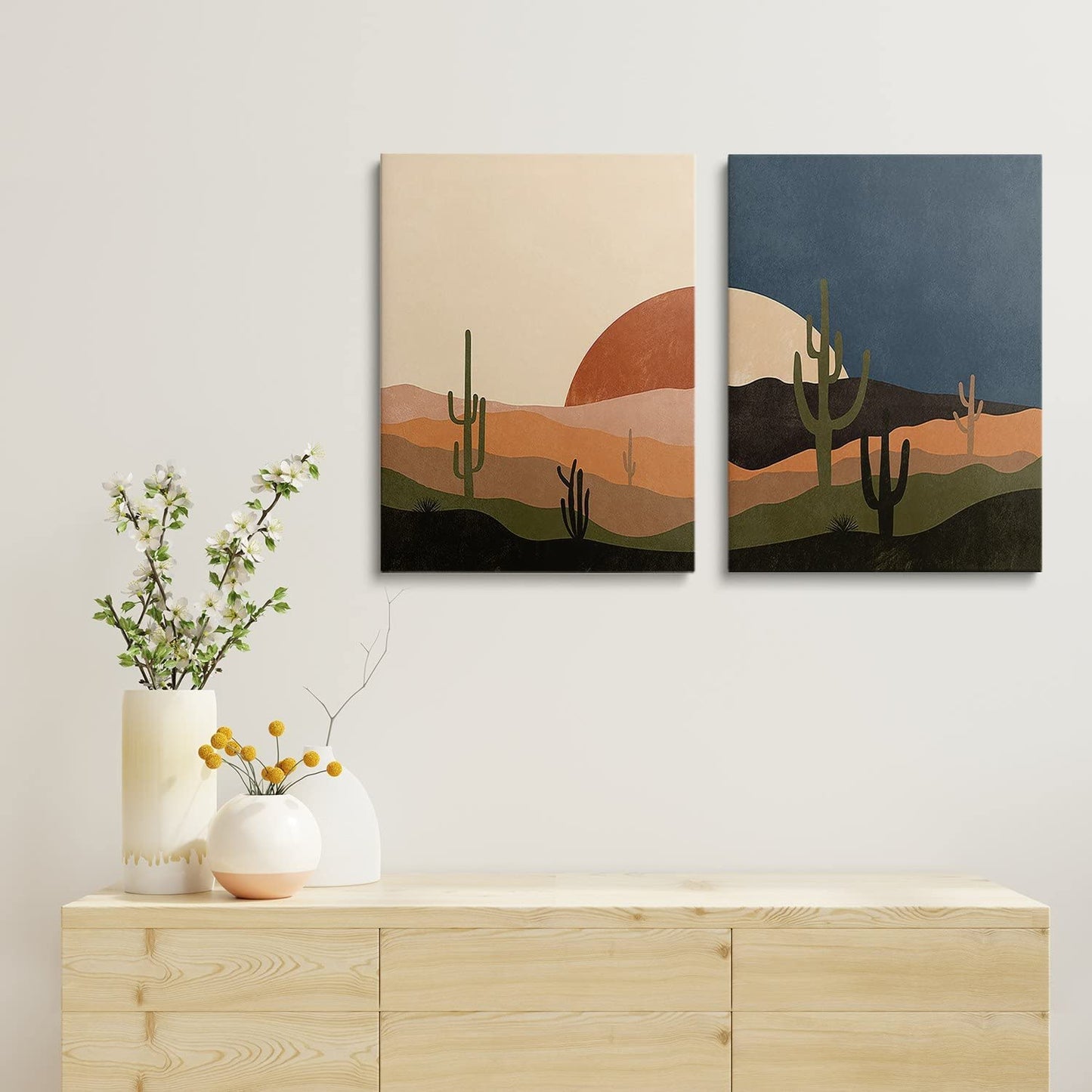 Mid Century Desert Prints Boho Cactus Canvas Prints Sun and Moon Day and Night Canvas Wall Art Modern Abstract Landscape Art for Living Room Decor Bedroom Dining Room Set of 2, 12x16 inch Framed