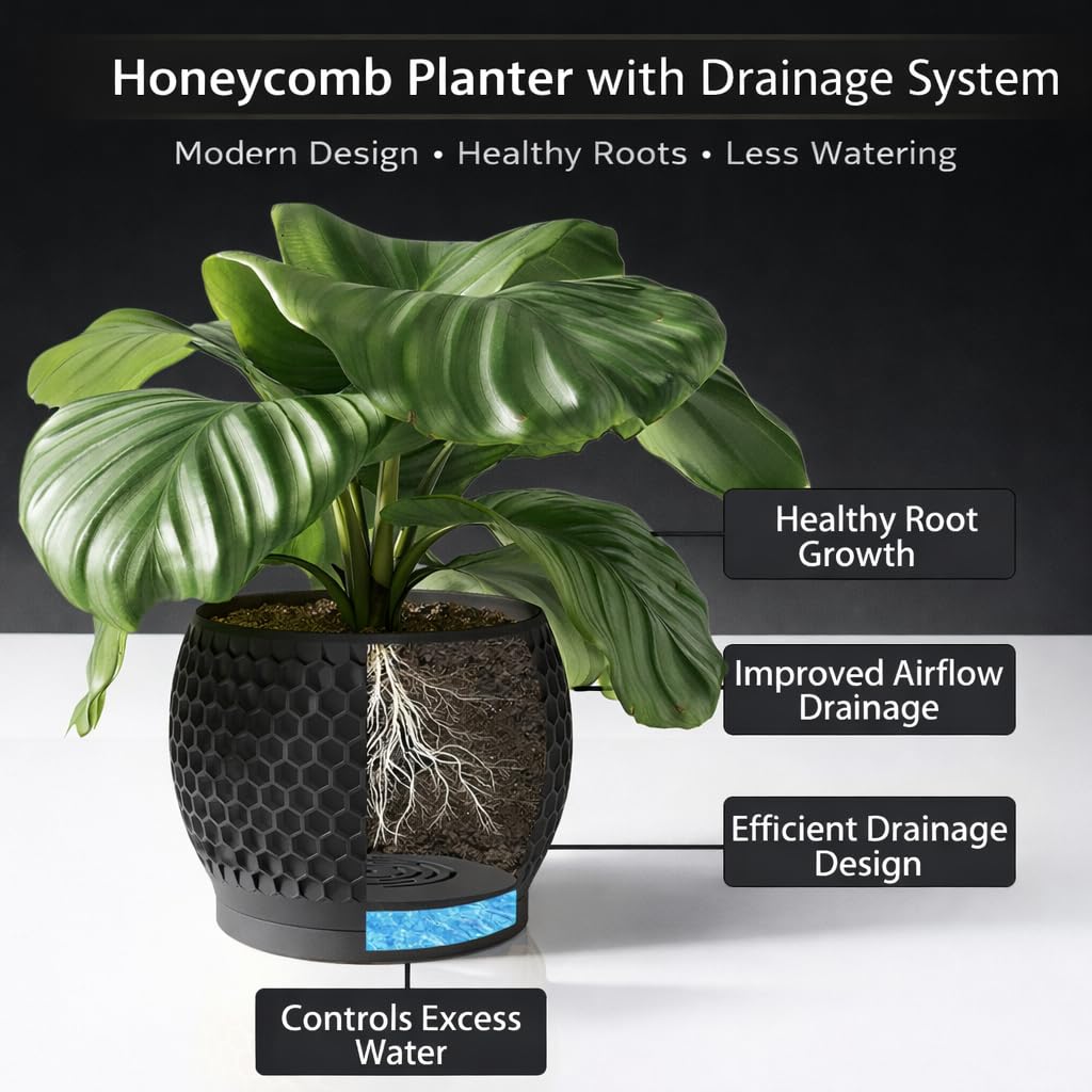 Fabix3D Plant Pots, Modern 3D Printed Honeycomb Planters for Indoor Plants, 4.7/6 Inch Matte Black Decorative Flower Pot for Office Desktop, Bookshelf & Home Decor, Lightweight & Durable.