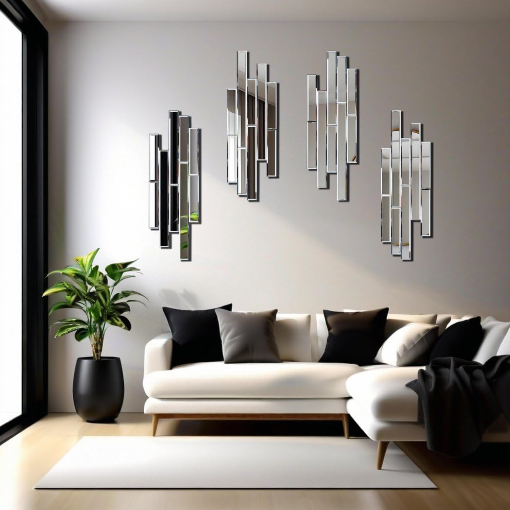 VOHJD Artisan Set of 4 Silver Beveled Wall Decor Mirrors - 24x8 Inch Each, Creative Combination Design for Modern & Farmhouse Home Decor, Shatter-Resistant Glass with Wood Backing