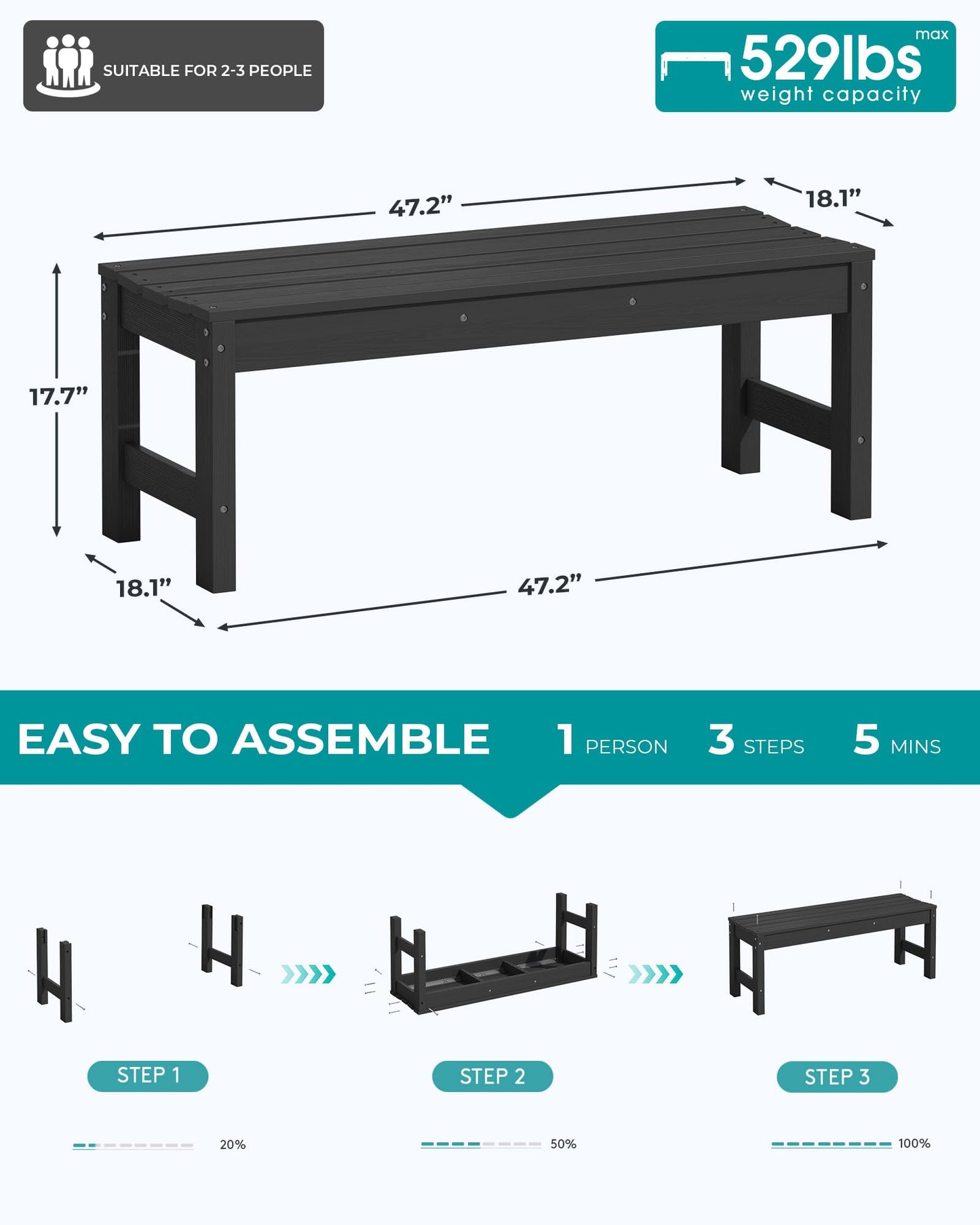SERWALL 47 Inches Outdoor Bench, All Weather HDPE Backless Bench with Wood Grain Texture for Garden Porch and Park, Curved Bench Seat for Comfort, Black