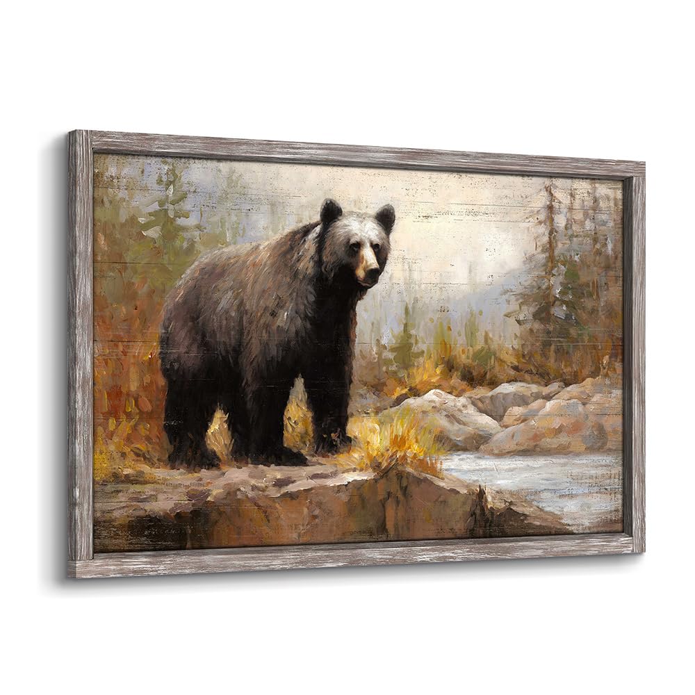 Framed Bear Picture Wall Art: Large Wild Animal Prints Woodland Wildlife Artwork Rustic Farmhouse Wood Painting for Living Room Bedroom
