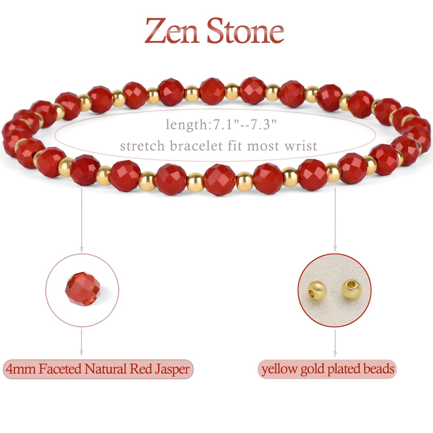 QOGIR Red Jasper - Zen Stone - 14K Gold Plated Beads Natural Gemstone Stretch Elastic Dainty Healing Beaded Bracelets Gifts 4mm