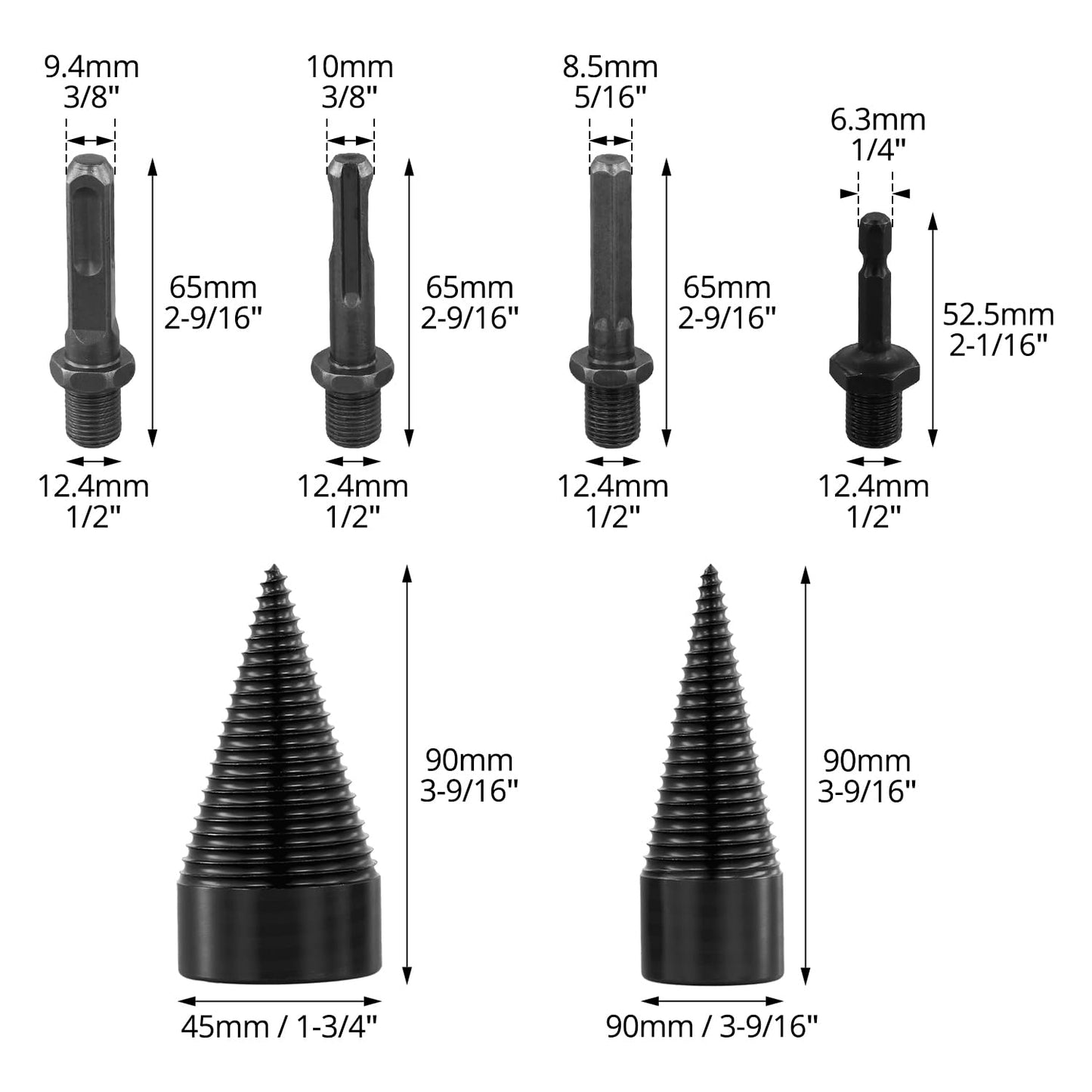 QWORK Wood Splitter Drill Bit Set, 32mm & 45mm Cone Bits – Ideal for Softwood, Firewood & Log Chipping