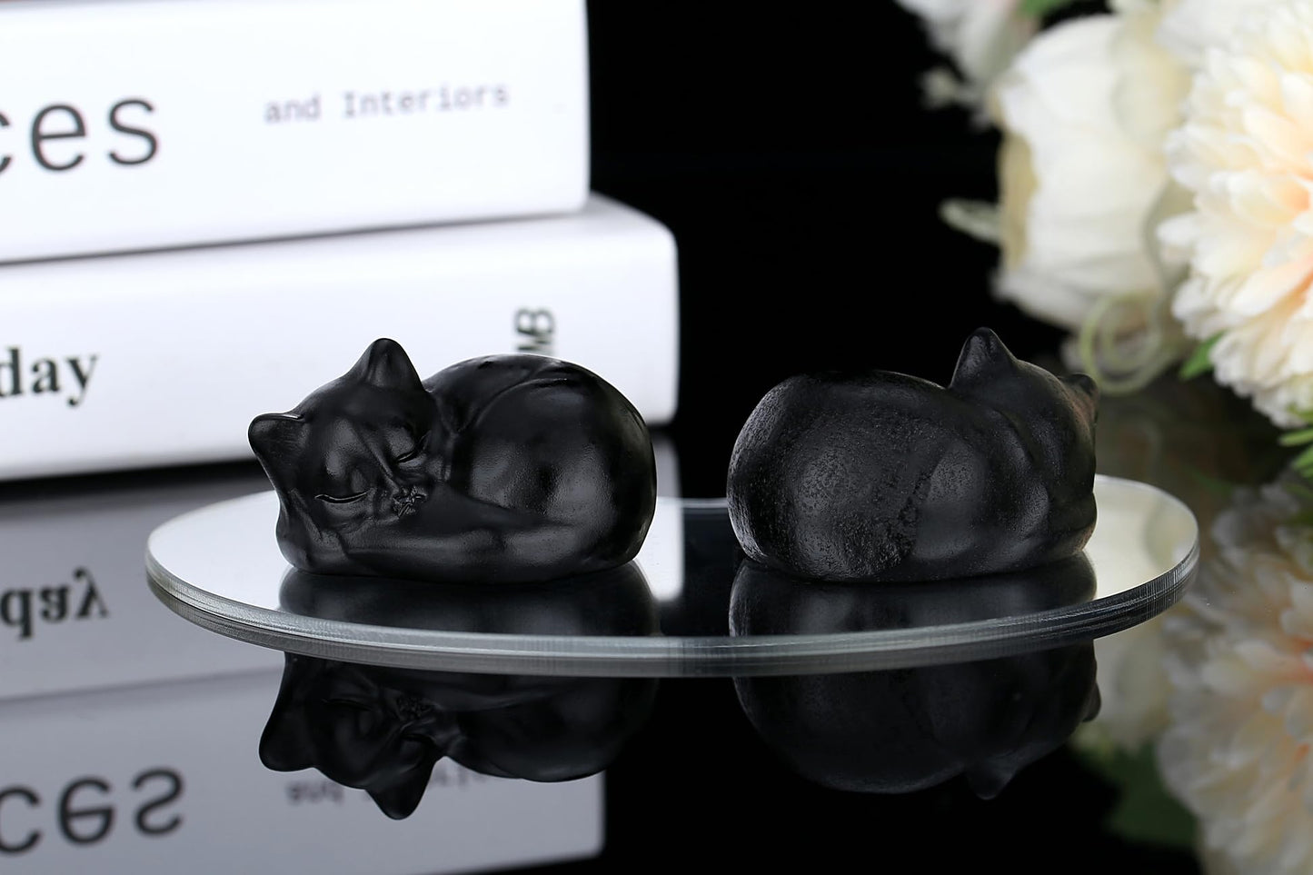 YATOJUZI 2" Cat Decors Statue Black Obsidian Crystals Sleeping Cats Matte Gemstone Hand-Carved Cute Animal Statues Figurine Room Home Office Desk Decor Lucky Reiki Kitten Ornaments Gifts for Women Men