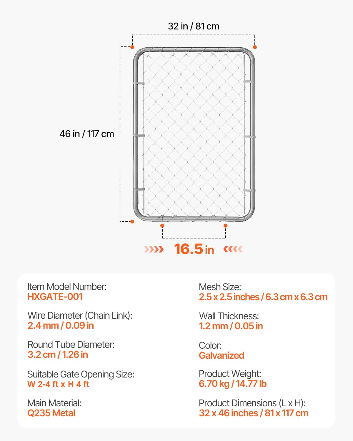 VEVOR Chain Link Fence Gate, 32 x 46 in, Adjustable Chain Link Fence Panel, Fit 2-4 ft (W) x 4 ft (H) Garden Fence Gate Opening, Rust-Resistant Galvanized Fencing Gate for Farm Posts Not Included