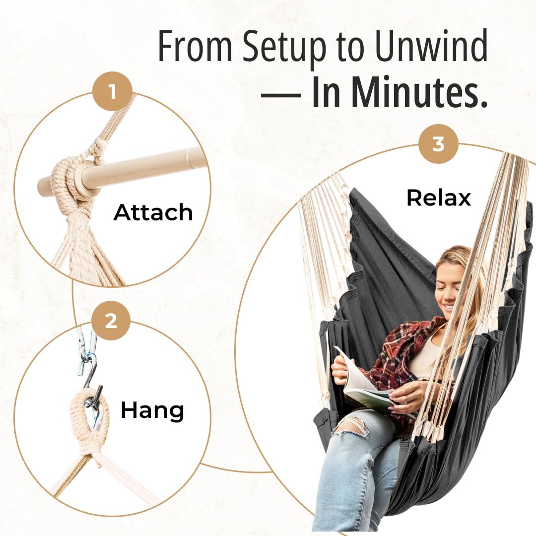 Hanging Hammock Chair Swing – Hanging Chair Outdoor & Indoor - Hammock Swing Chair – Quick & Easy Setup with Hardware Kit – Durable & Spacious Full Body Support – Holds 440 Lbs
