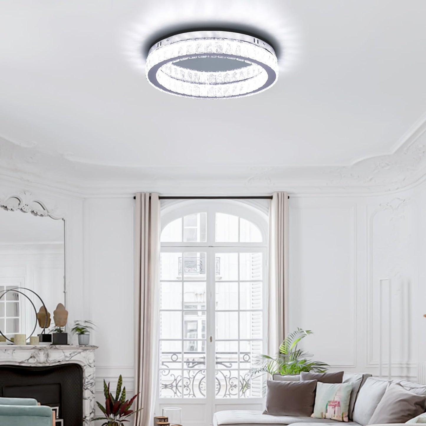 Finktonglan Crystal LED Flush Mount Ceiling Light, 17.7" Modern Round Crystal Ceiling Light, 48W 6000K Cool White, K9 Crystal & Stainless Steel, Low Profile, Non-Dimmable (No Remote)