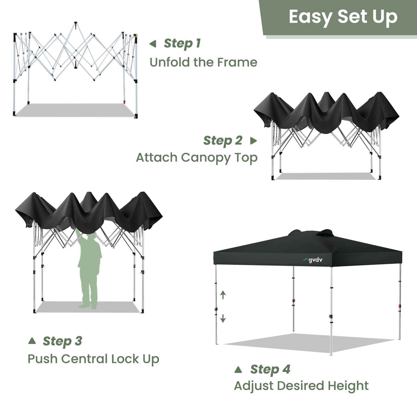 GVDV 10x10 Pop Up Canopy Tent with 4 Sidewalls, Beach Tent with One Push Setup, Outdoor Sun Shade for Events, Parties, Camping - Gazebo with Wheelbag, Black, CP23 B
