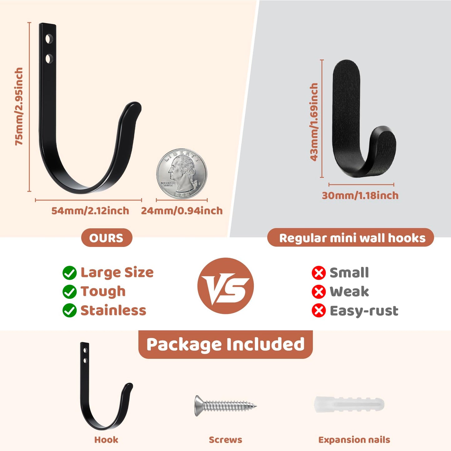 Wall Hooks for Hanging, Large Coat Hooks Wall Mount, Heavy Duty Screw in Metal Hooks for Wall (22LB), Towel Hooks for Bathrooms, Door, Mudroom, Backpack, Clothes, Closet, Purses, Black, 4 Pack