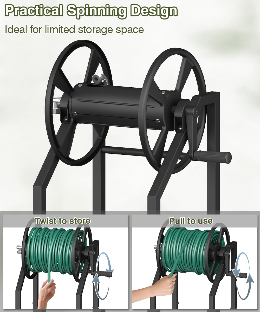 Mokeyder 4-Spike Garden Hose Reel with 3.9ft Leader Hose & Stainless Fitting, Outdoor Hose Holder holds 125ft Hose of 5/8", Freestanding Metal Hose Stand for Outside Yard Lawn, Black