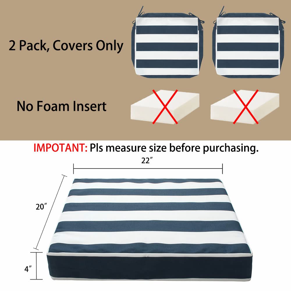 Magpie Fabrics Indoor Outdoor Cushion Cover Replacement 2 Pack, NO Insert! Water Repellent Slipcover with Ties Christmas Decor for Patio Garden Chair Seat Sofa Bench Wicker(Navy White, 22x20x4 Inch)