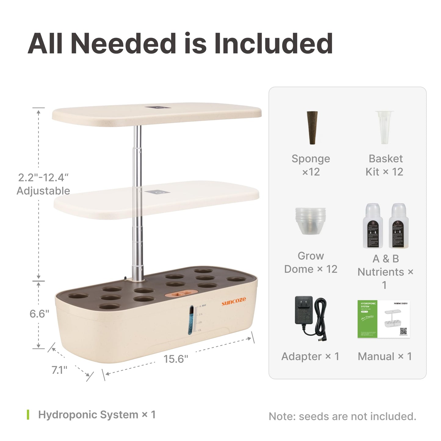 SUNCOZE Hydroponics Growing System Kit 12 Pods, Indoor herb Garden with 20W LED Grow Light, Visible Water Tank with Pump, 2.2"-12.4" Adjustable Height Indoor Gardening System, Gardening Gifts, Beige