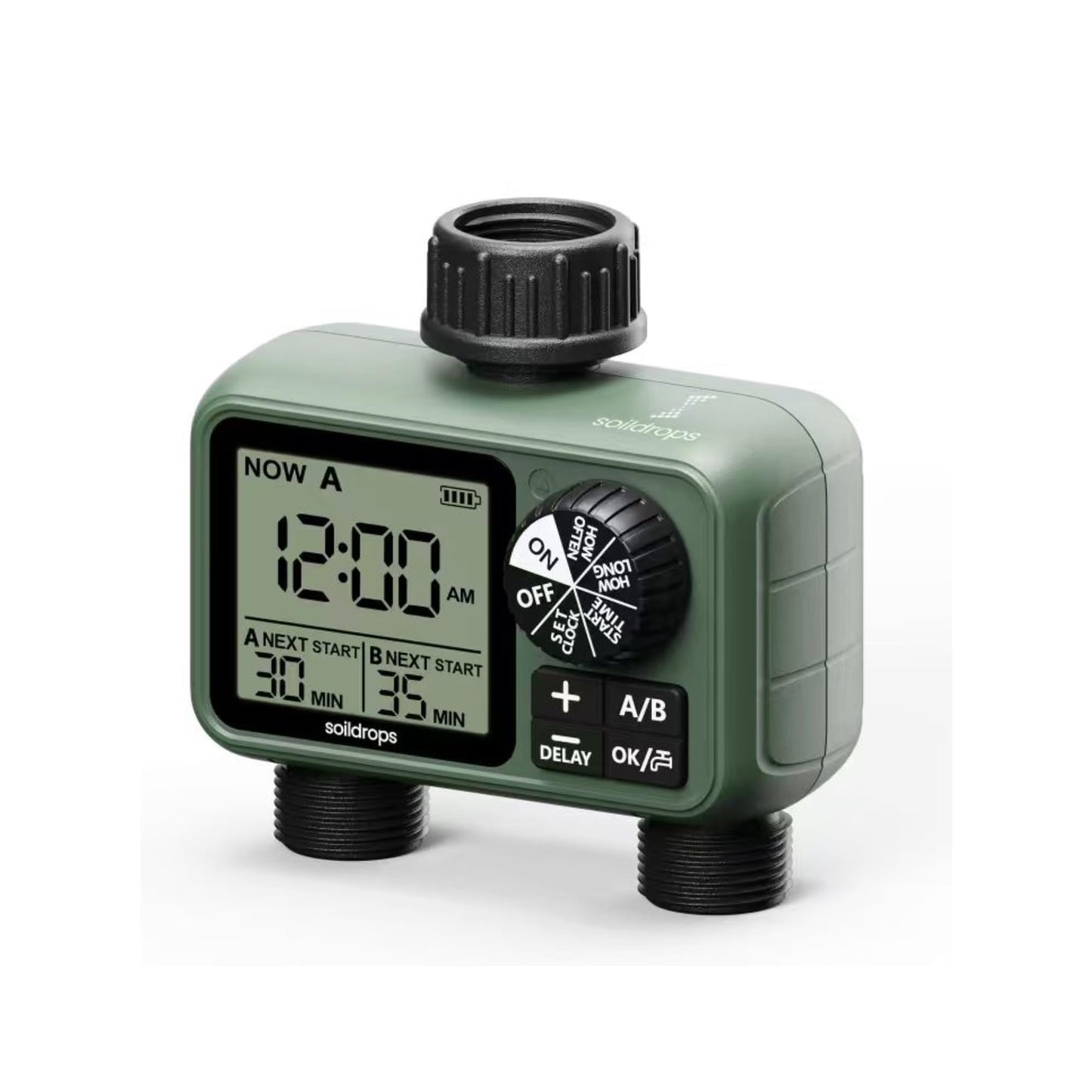 Soildrops Sprinkler Timer for Garden Hose, Programmable 1 or 2 Outlet Controller with Self-Cleaning Valve, 15-Day Frequency, Large Dial, Rain Delay & Auto-Off, IPX5