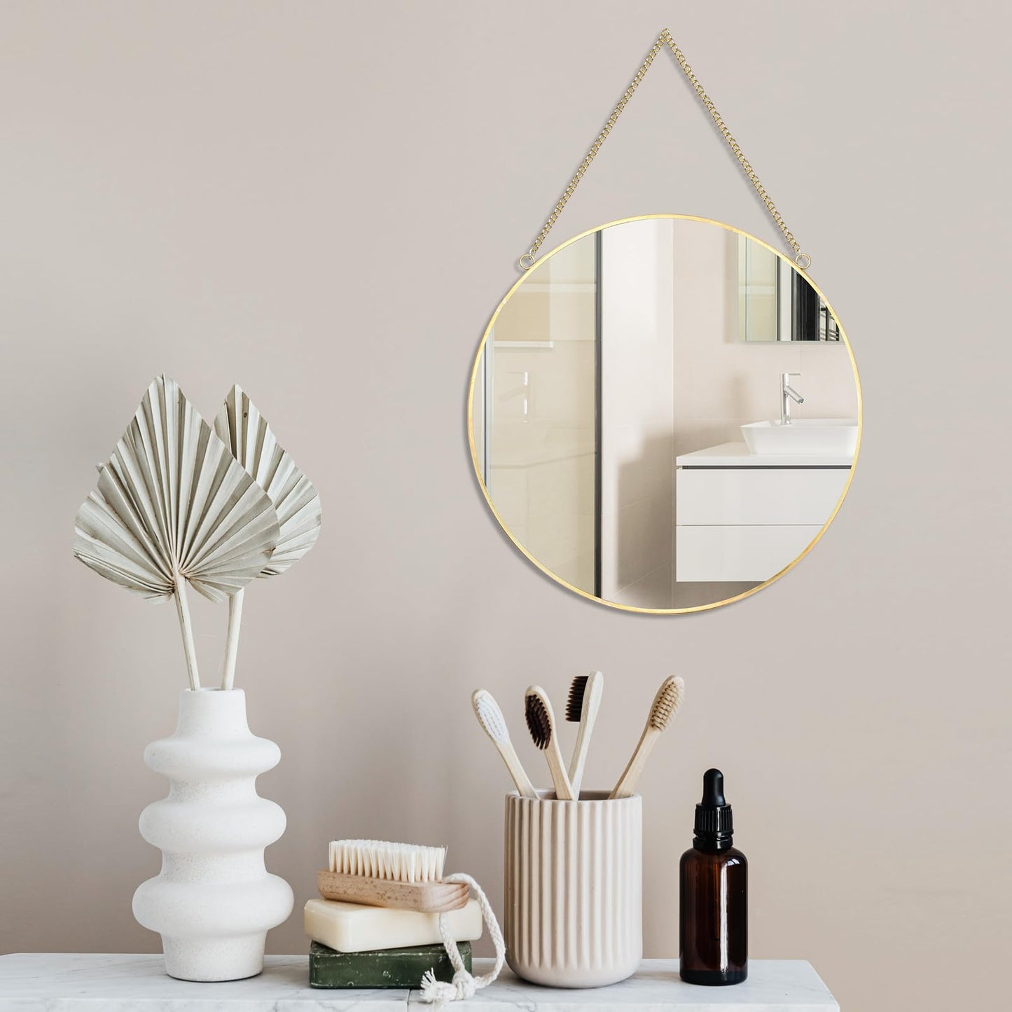 LONGWIN Hanging Wall Circle Mirror Decor Gold Geometric Mirror with Chain for Bathroom Bedroom Living Room 9.8"