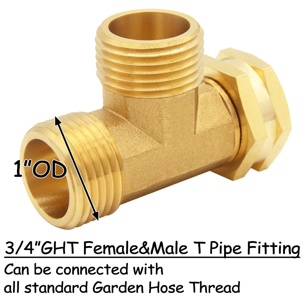 Uenede 2PCS Brass 3/4 Inch GHT Swivel Tee Pipe Fitting 3/4" GHT Male x Male x Female for Garden Hose Threaded Tube Pipe Fittings