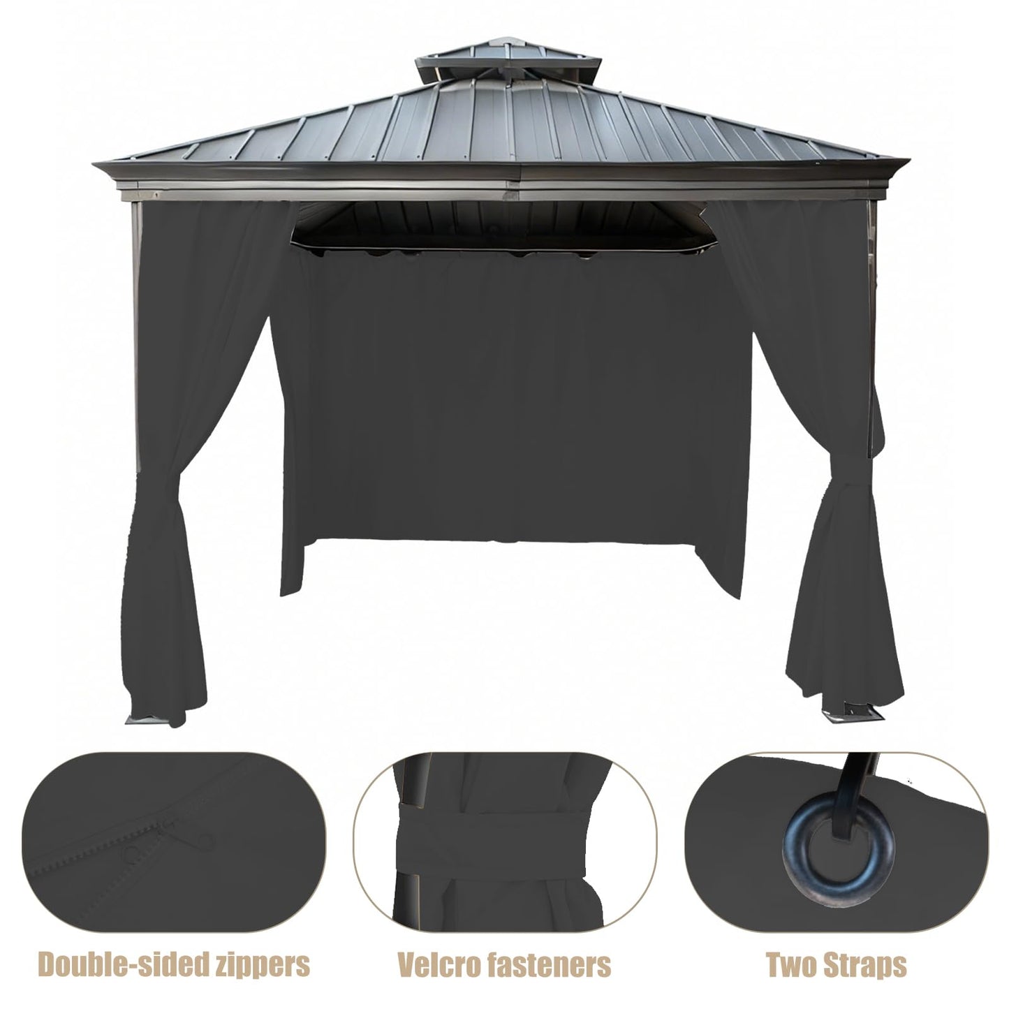 GarPad Gazebo Curtain Replacement Universal Privacy Curtain, 4-Panels Sidewall 10'X12' Curtain Gazebo Outdoor with Zipper,Universal Replacement for Patio Privacy Screen Black(Only Curtain)