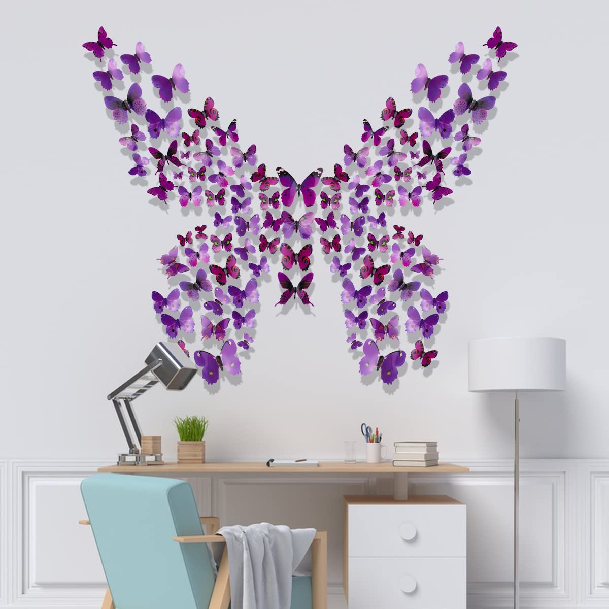 60Pcs 3D Butterfly Wall Decals Purple Butterflies Wall Decor 3 Sizes Waterproof Butterfly Wall Stickers for Home Office Living Room Bedroom Birthday Party Decoration