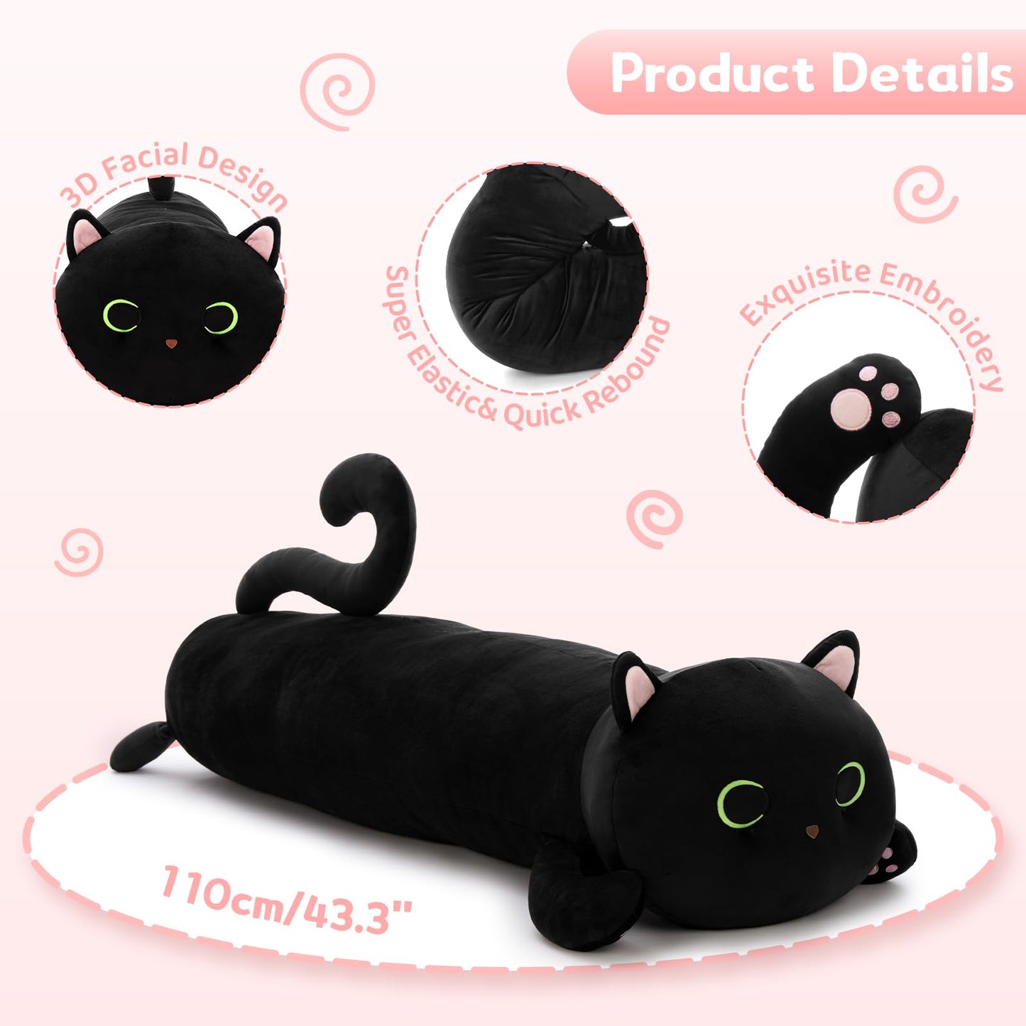 MaoGoLan Black Cat Plush Body Pillow, 44'' Giant Glow in The Dark Cat Stuffed Animal Toy for Girl Boy Kid, Big Cute Kitten Plush Throw Pillow for Birthday Gift, Baby Shower Party Favor Decor