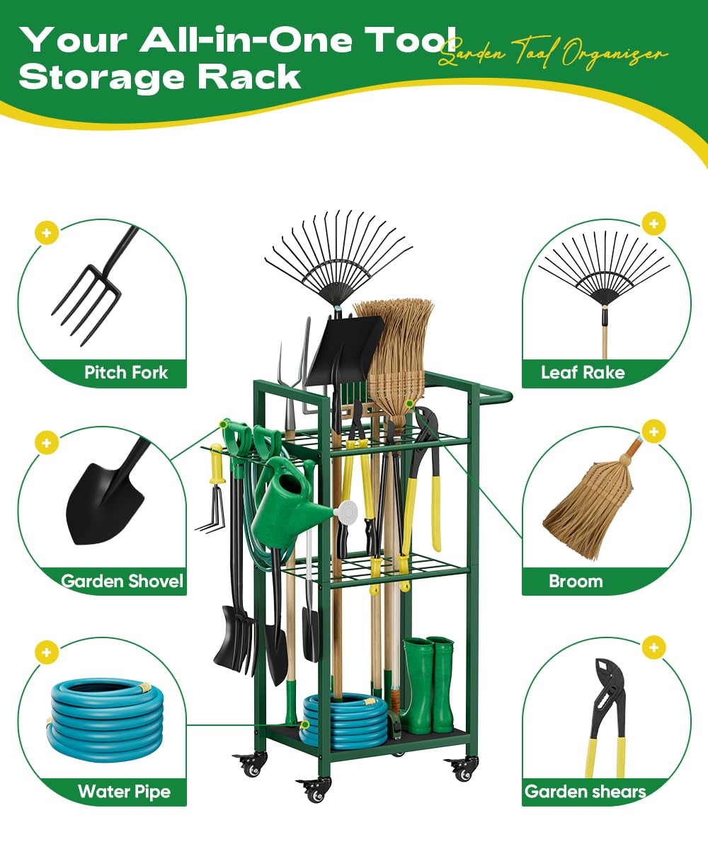 Lotspasie Garden Tool Organizer with Wheels, Heavy Duty 3 Tier Metal Yard Tool Storage Rack Holder with Side Hooks, Freestanding Garage Organizer for Shovels, Rakes, Brooms, Indoor Outdoor Use, Green