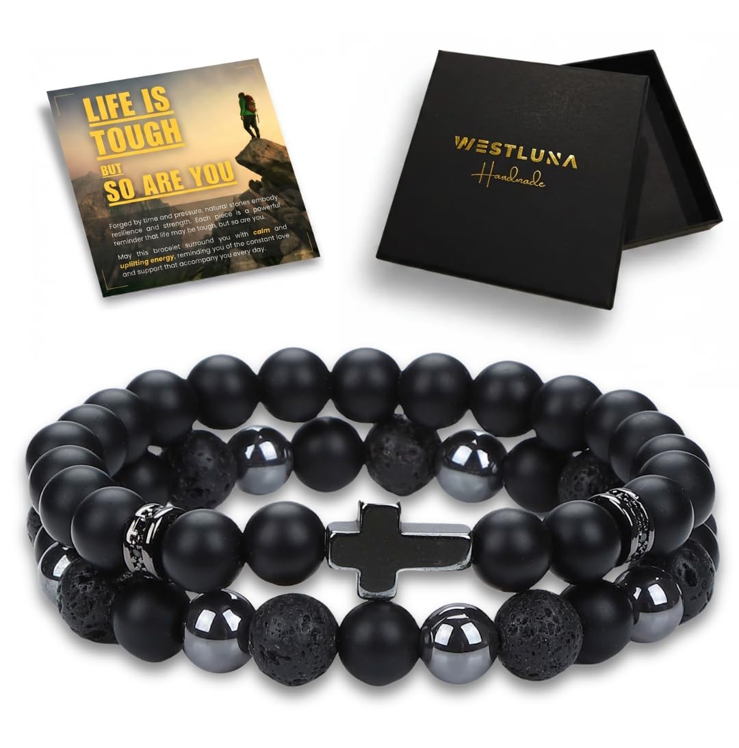 WestLuna Beaded Bracelets for Men - Black Obsidian Hematite Lava Stone Triple Protection Bracelets 8MM Natural Stone Cross Bracelet for Men (Medium)