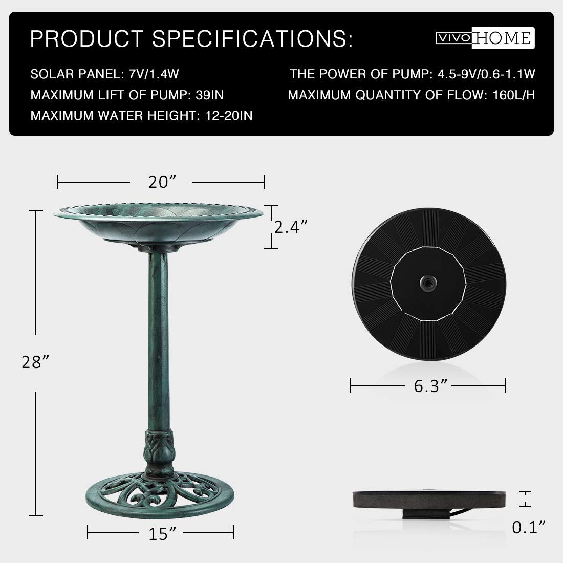 VIVOHOME Bird Bath with Solar Fountain for Outside, Polyresin Pedestal Bird Baths with Solar Powered Pump for Outdoor, Garden, Weather-Resistant Birdbaths with 20" Bowl, Green