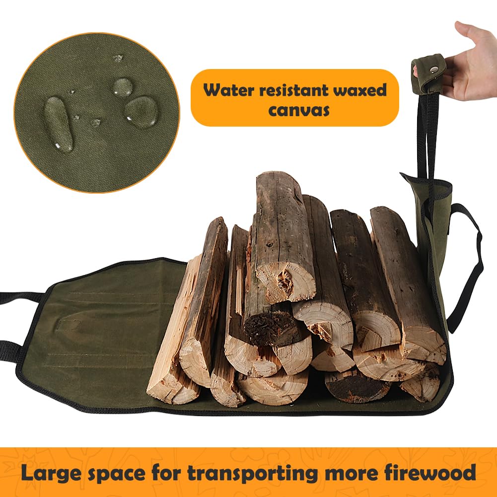 HRX Package Waxed Canvas Firewood Bag Carrier, Water Resistant Log Tote Wood Carrying Bag With Handles for Camping Trip Christmas Gift