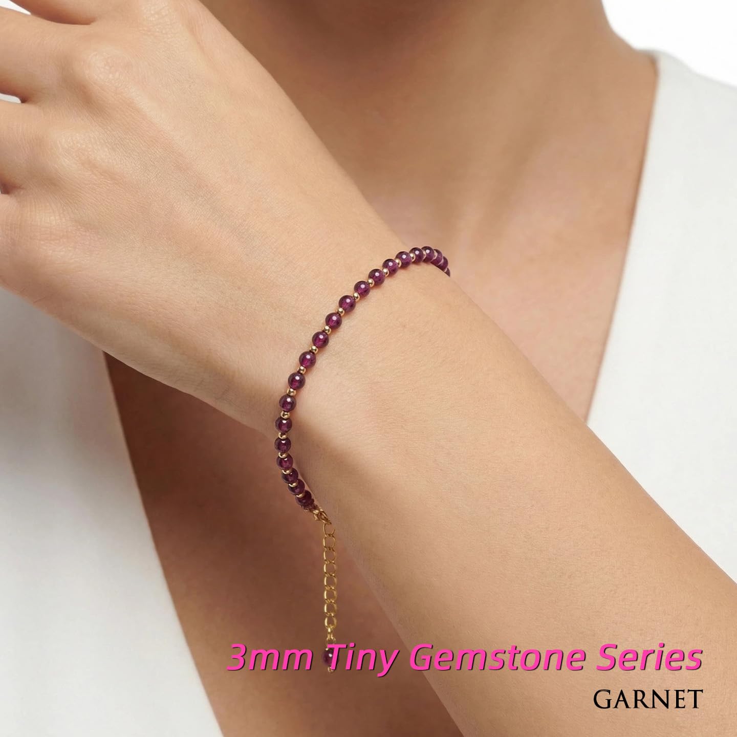 Morchic 3mm Purple Garnet Quartz Natural Gemstone Beaded Bracelet for Women, Dainty Charm Jewelry, Adjustable 7.1-8.6", Ideal Birthday Holiday Gift