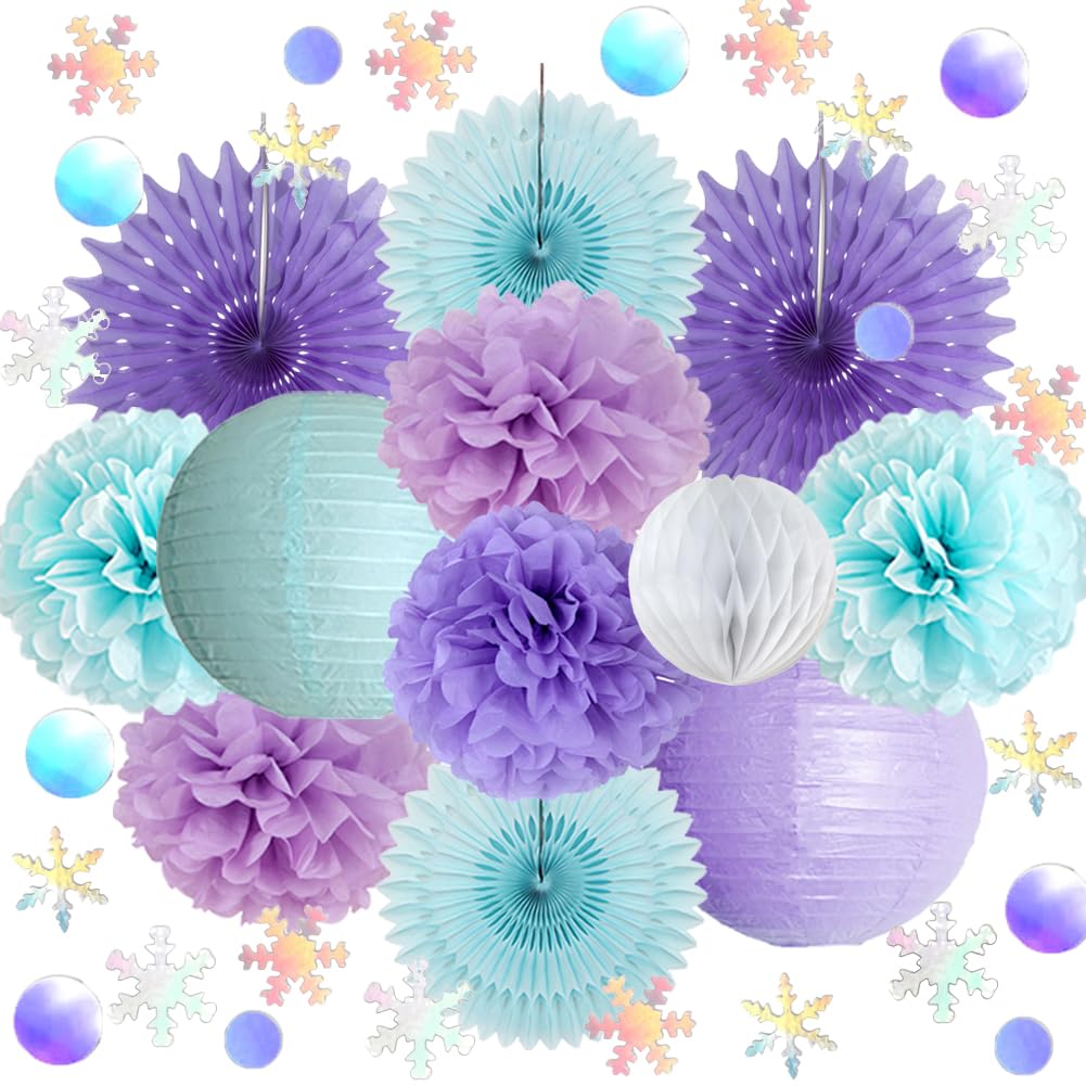 Winter Wonderland Decorations Snowflake Fans Blue Purple White Winter Birthday Bridal Shower Baby Shower Decorations with Confetti Table for Wonderland Snowflake Engagement Wedding Bachelorette Party