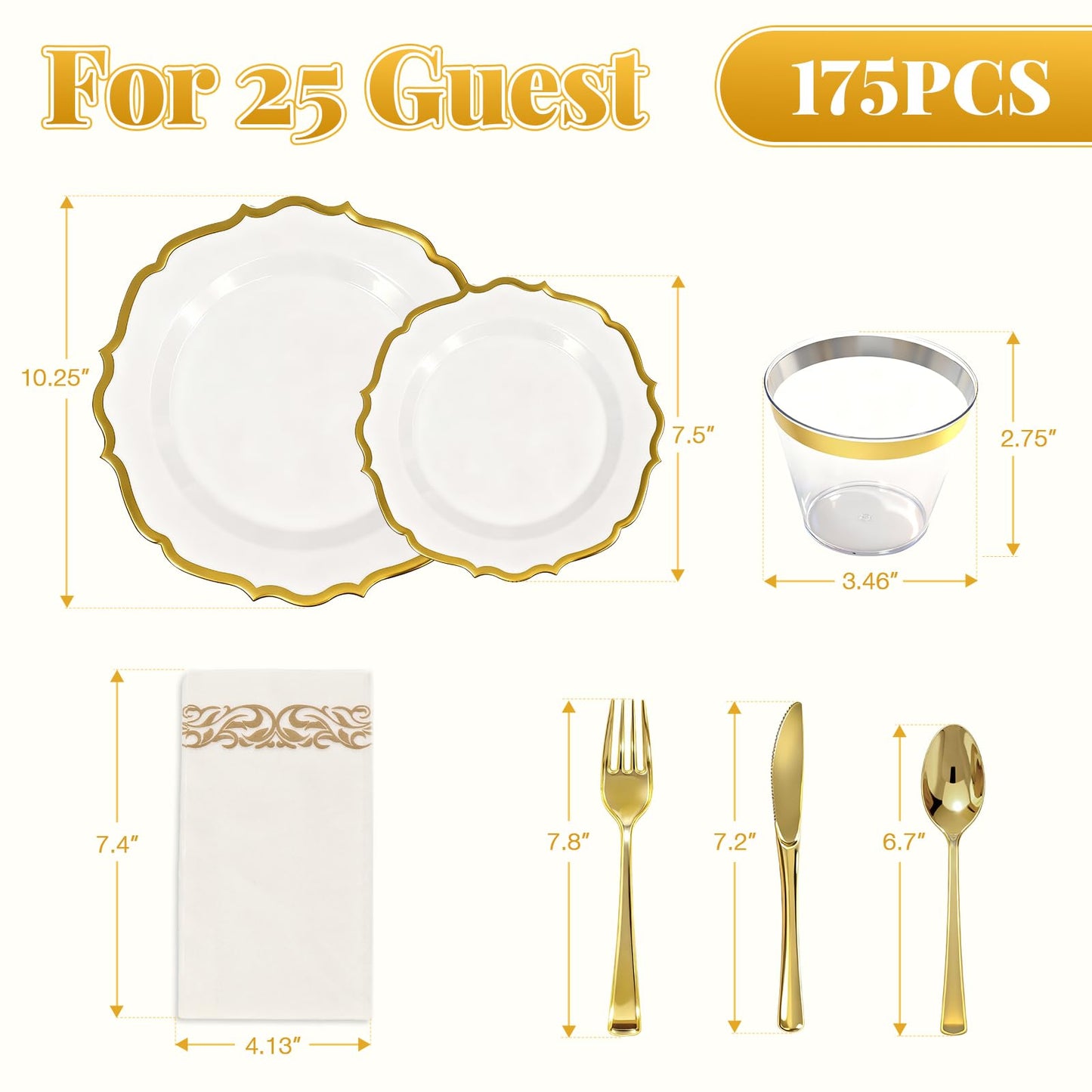 Glowserve 175 Plastic Dinnerware Set Gold Disposable Dinnerware Set for 25 Guests Include 50 Plastic Plates 25 Silverware Set 25 Cups and 25 Napkins for Mother's Day Party Wedding Birthday