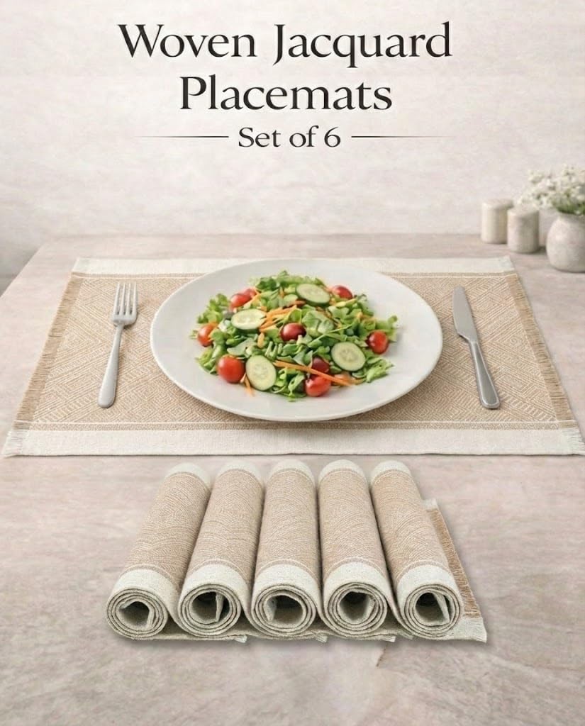 GleeNflux Placemats Set of 6, Fabric Placemats for Dining Table, Woven Polyester Place Mats with Fringe, Machine Washable, Khaki Geometric Table Mats, Modern Table Decor, Housewarming Gift