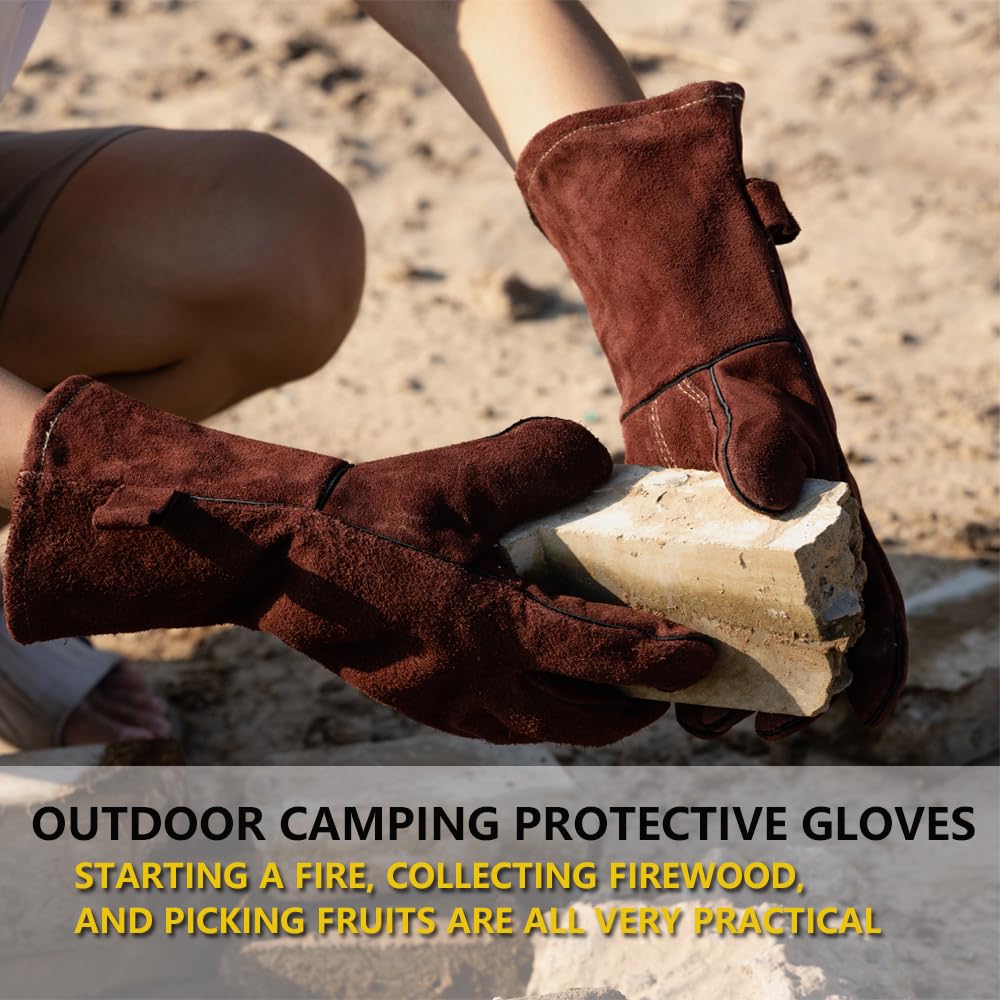 LAIKEANDUN Fireproof Gloves for Fireplace & Fire Pit, Welding Gloves for Men & Women - 14 Inch Heat Resistant Leather Work Gloves (662℉) for MIG/TIG, BBQ, Camping - Premium Cowhide, Durable