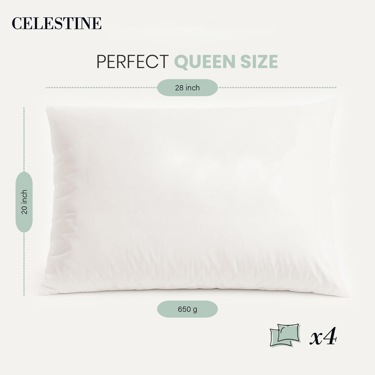 Celestine Queen Size Pillows Set of 4 – Soft Down Alternative Microfiber Filling, Plush White 20x28 Bed Pillows for Side and Back Sleepers, Breathable, Supportive, Machine Washable Pillow Set