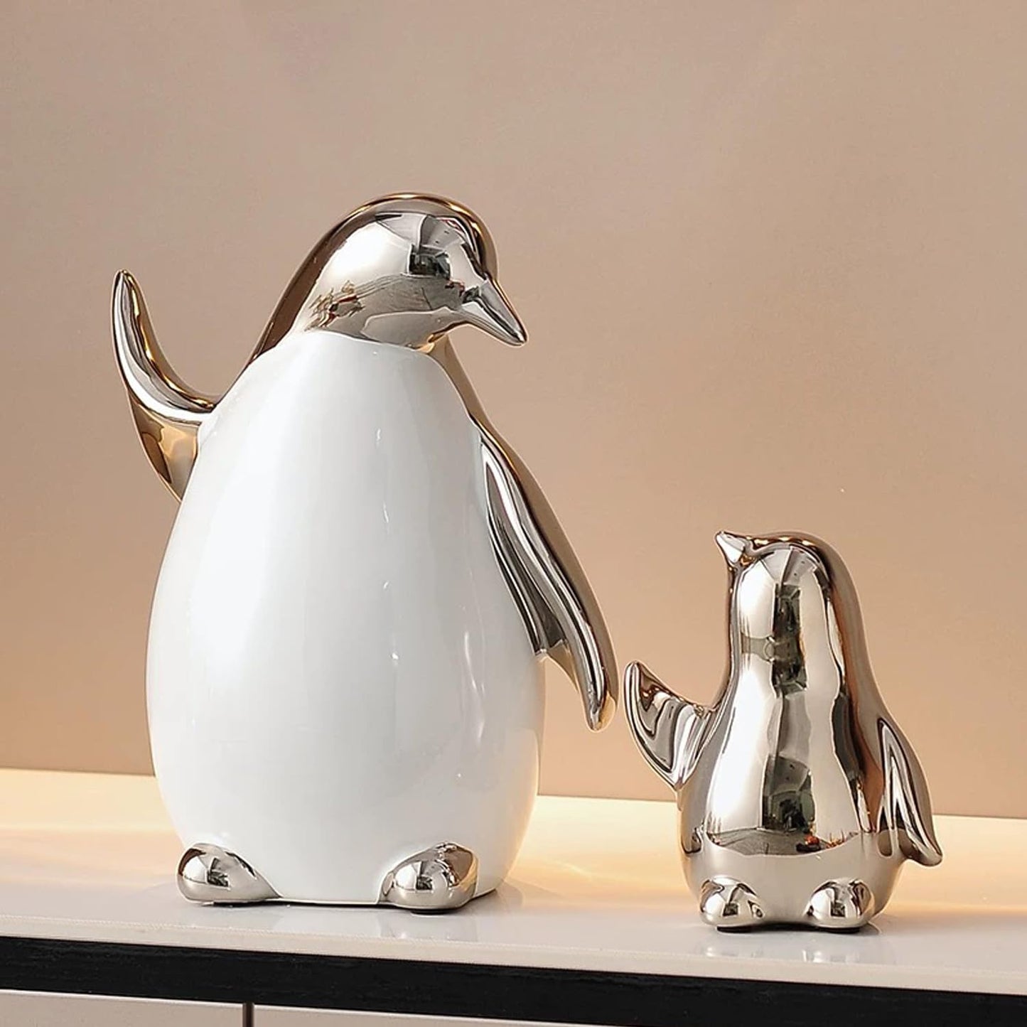Tuioyoc Set of 3 Ceramic Statues Aesthetic Abstract Penguins Sculpture Cute Modern Home Decor Decorative Statue for Living Room, Bedroom, Office, Table Centerpiece (White Silver)