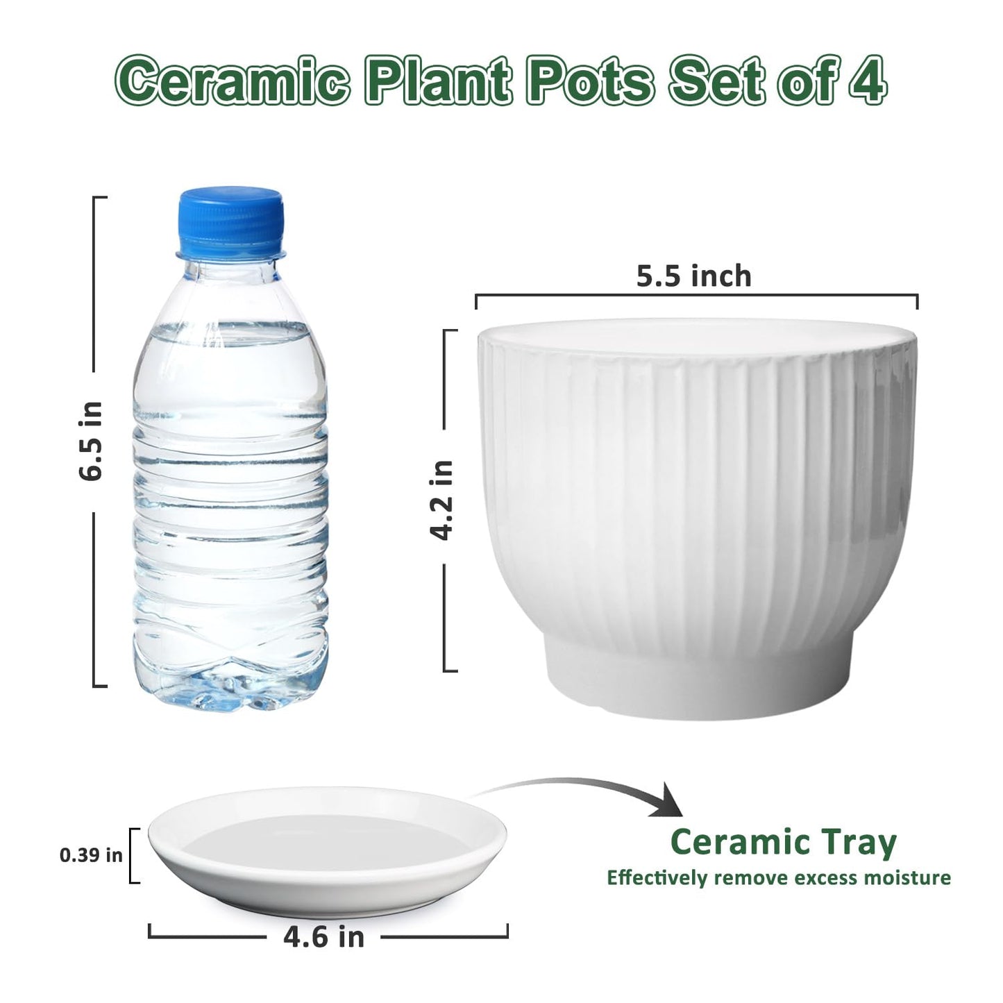 YUFDA 5.5 Inch Plant Pot, Ceramic Planter with Drainage and Saucer，Ceramic Pots for Plants, Indoor Plant pots，Succulent Orchid Flower Pot(Pure White,4 Pack)