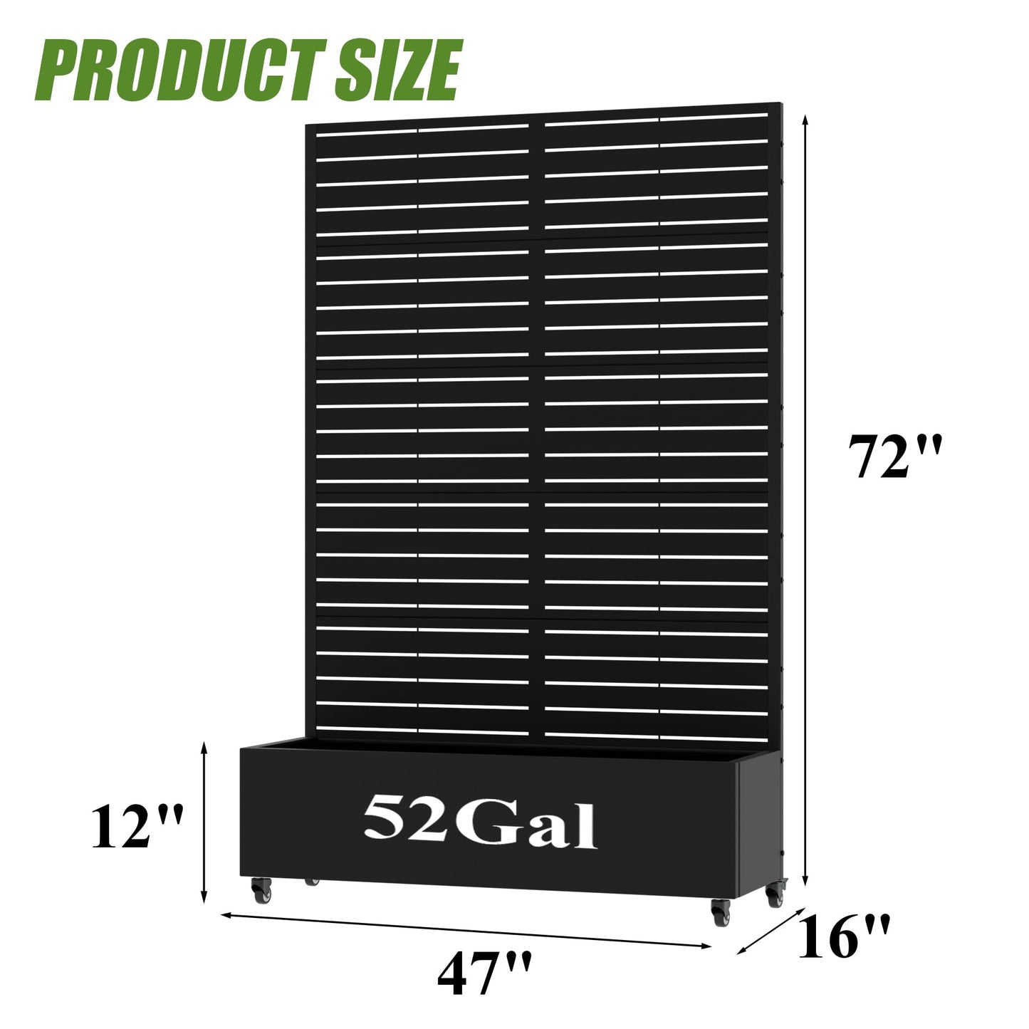 Wooakway 72" Raised Garden Bed with Trellis and Wheels, 52 Gal Metal Planter Box Privacy Screen for Outdoor Patio, Balcony and Backyard, Mobile Vertical Planter for Climbing Plants, Vines, Ivy, Black