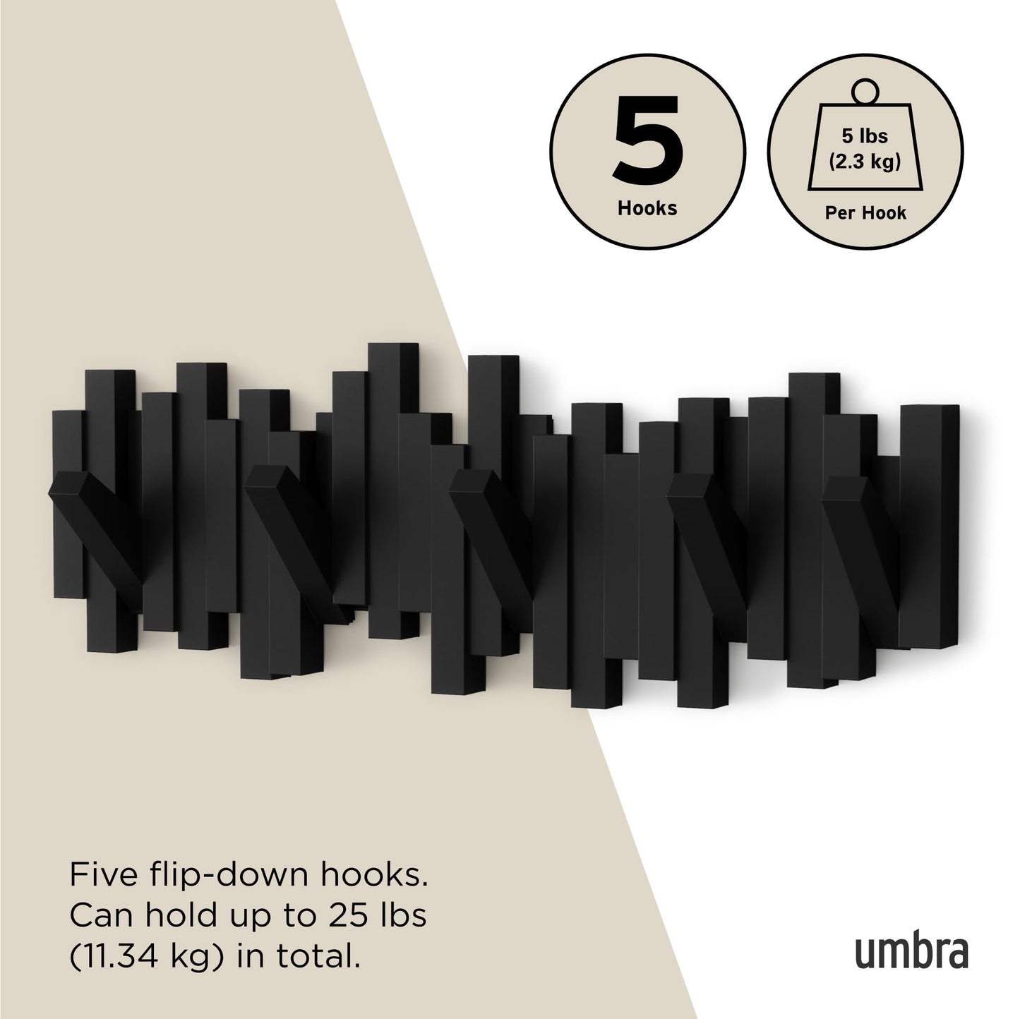 Umbra Sticks Wall-Mounted Coat Rack Rail Hook with 5 Retractable Pegs – Modern, Space-Saving Storage Organizer, Black